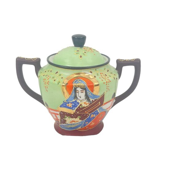 Vintage Satsuma Hand Painted Japanese Immortals Sugar Bowl with Handles and Lid - Picture 2 of 11